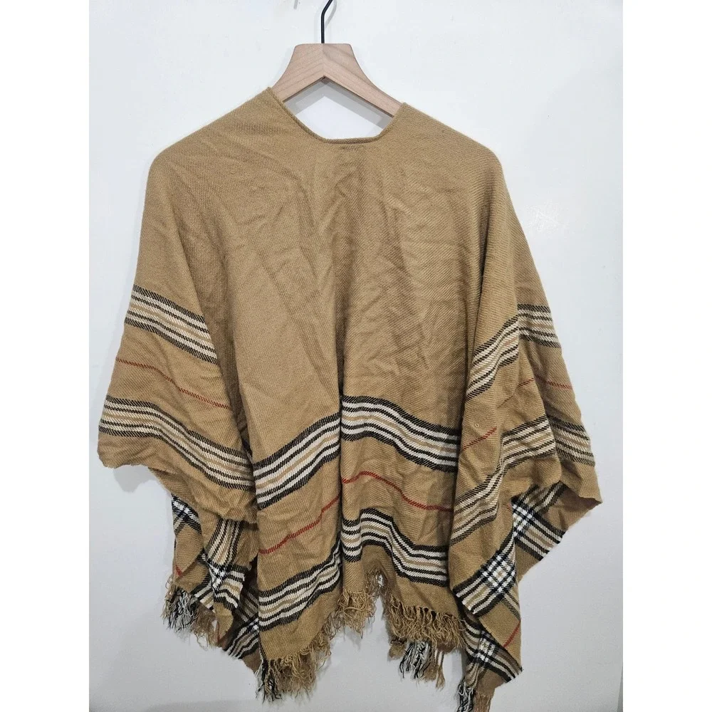 V. Fraas Womens Plaid Fringe Wrap Shawl Poncho Camel Tan One Size